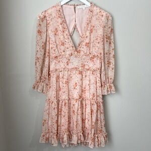 KARLIE Women's Small Floral Chiffon Light Pink Mini Dress Ruffle Zip Cutout Back